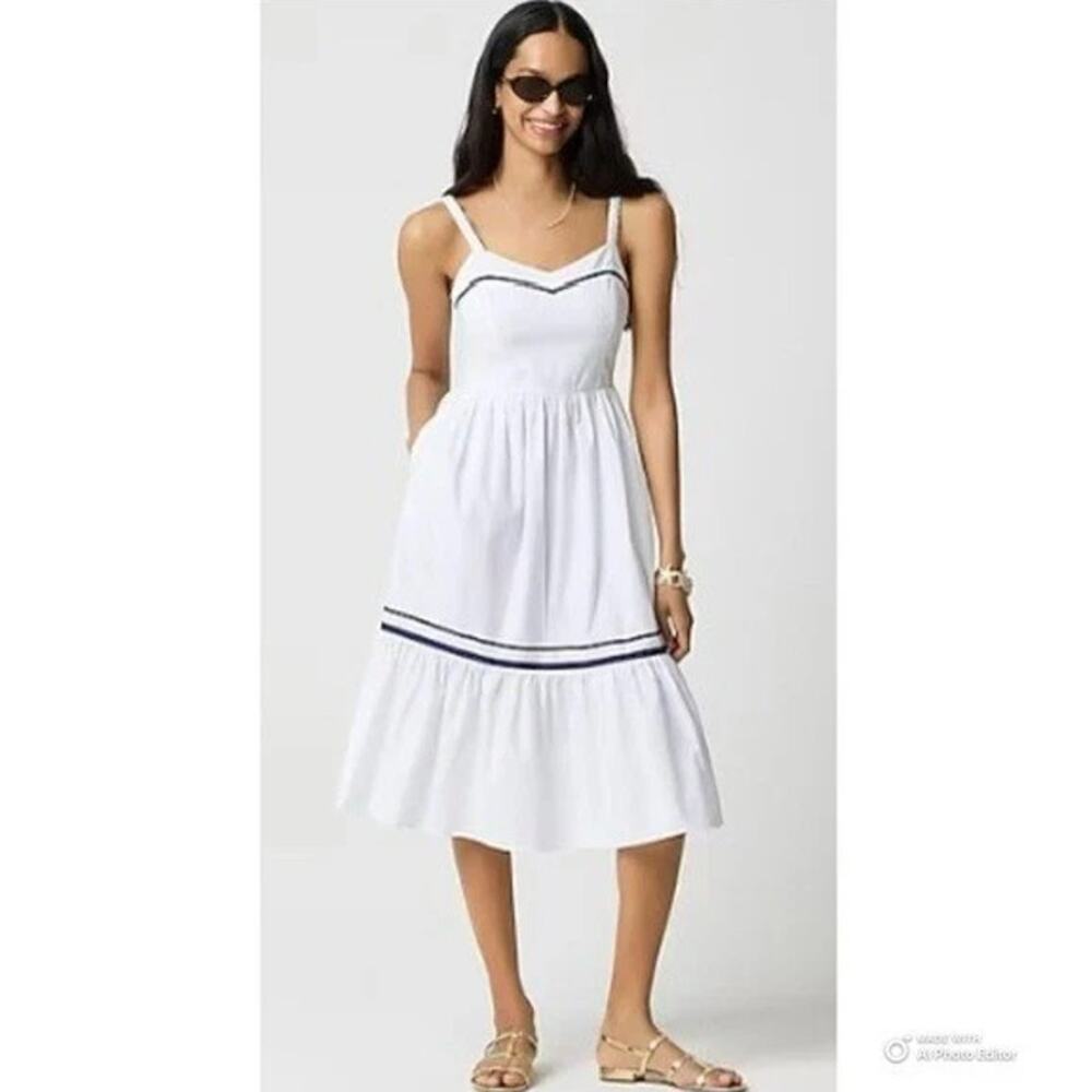NWT J.Crew Corset Midi Dress Contrast Trim White Navy Nautical Size 14 $128 MSRP